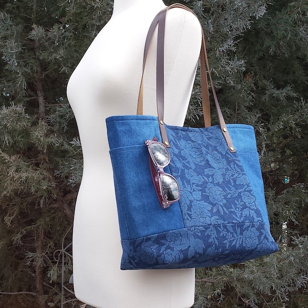 Denim Bag with Printed Denim Accents and Leather Straps,  Denim Handbag, Shoulder Bag, Everyday Purse, gift ideas for women