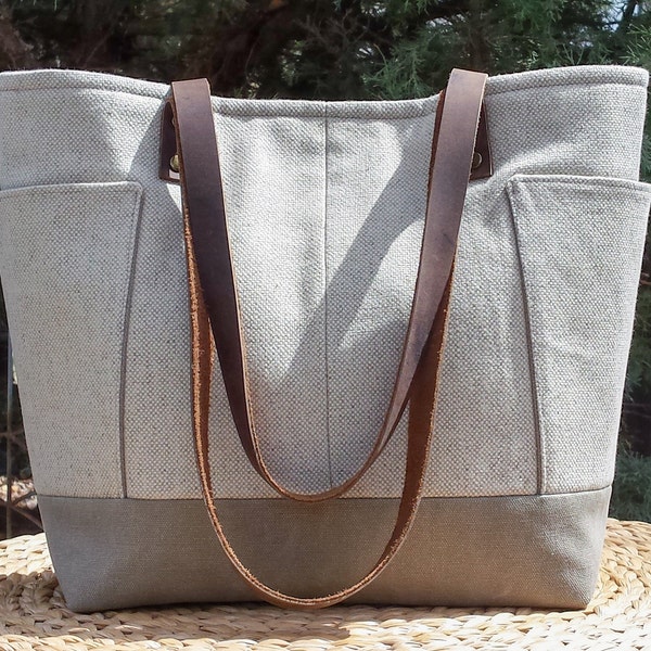 Natural Linen-Cotton Canvas and Sage Gray Canvas Bag with Leather Straps, Canvas Handbag, Shoulder Bag, Everyday Bag,  gift ideas for women