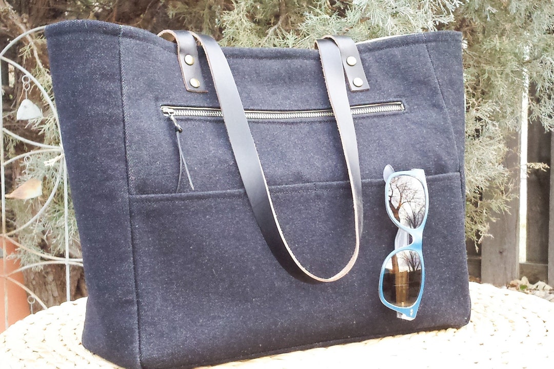 Black Denim Tote Bag With Leather Straps Etsy