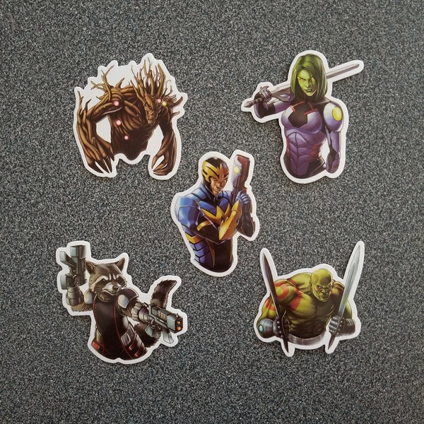 5 pcs Guardians of the Galaxy Marvel Comics Vinyl Stickers - Includes Star Lord, Groot, Rocket Raccoon, Gamora and Drax the Destroyer