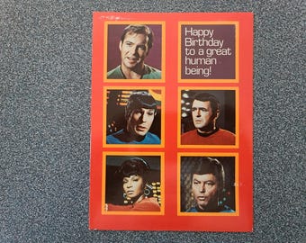 Vintage Star Trek TOS Humor-verjaardagskaart 1976 - Captain Kirk, Spock, Scotty, Uhura, Chekov, Bones - groot 8" x 6" - NOS Random House