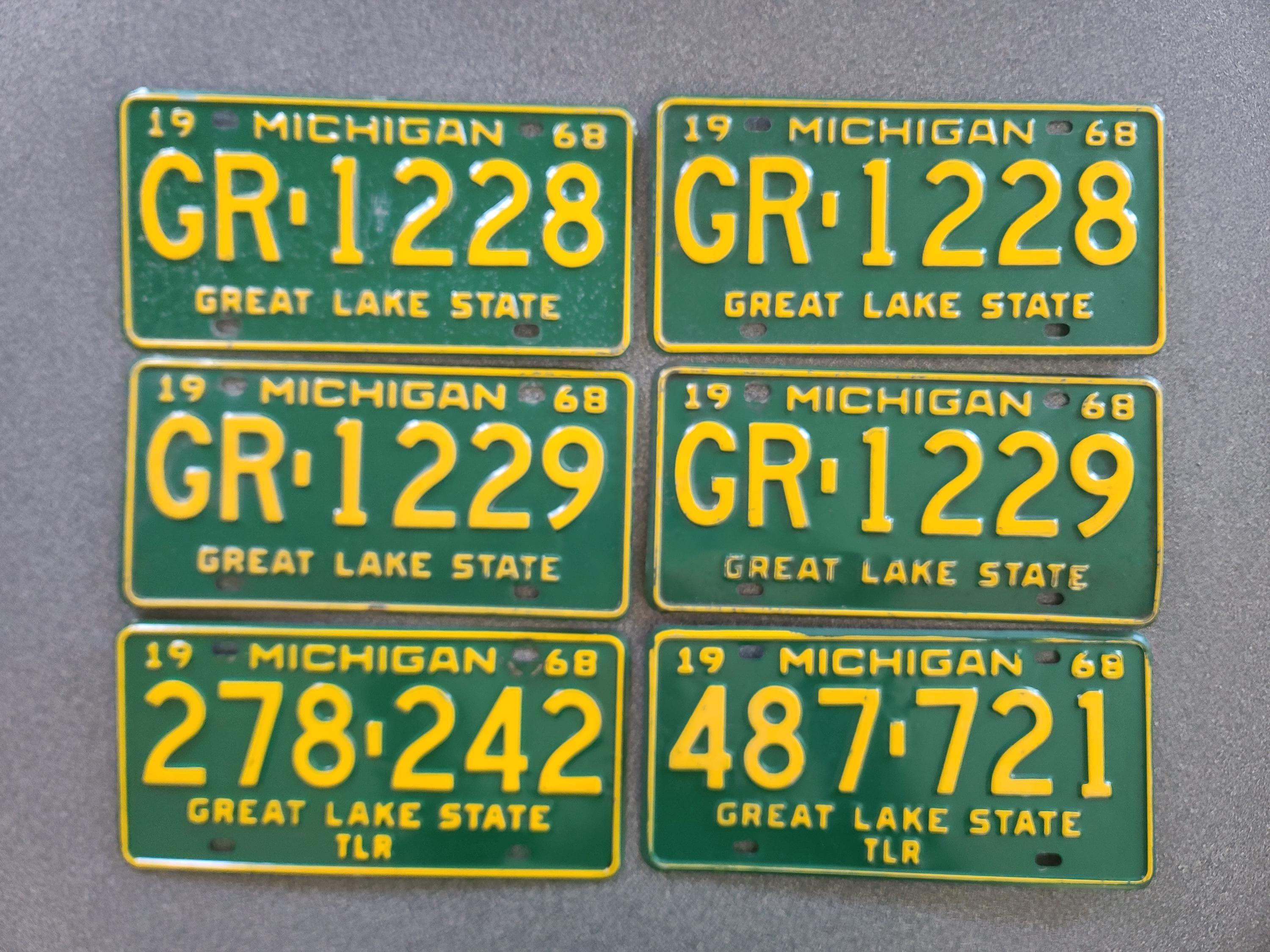 Choice of Vintage Michigan Great Lake State - Yellow on Green - License Plate - 1968