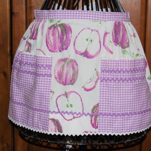 Vintage Handmade Half Apron with Pockets, Purple Apples, Gingham Pockets, Rick Rack Trim