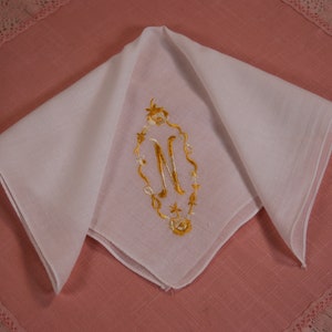 Vintage Embroidered Monogram N Handkerchief, Yellow on White