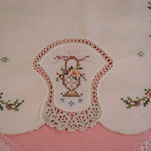 Vintage Hand Embroidered Beige Dresser Scarf, Tray Cover, Table Topper, Doily, Tatted Inset