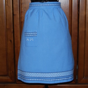 Vintage Handmade Blue Half Apron, Decorative Stitching