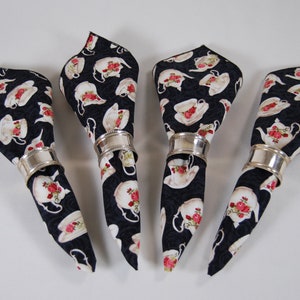 Vintage Black Napkins, Tea Cup Print, Set of Four