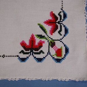 Vintage White Cross Stitched Table Topper, Tray Cover or Dresser Scarf with Tatted Border