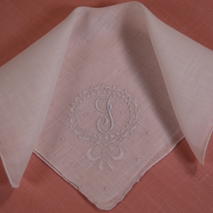 Vintage Embroidered and Appliqued Monogram G Handkerchief, Madeira, White on White
