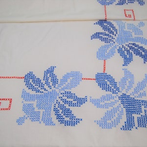 Vintage Hand Embroidered Square Tablecloth, Eight Matching Napkins