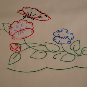 Vintage Pale Yellow Embroidered Table Runner or Dresser Scarf, Butterflies and Flowers