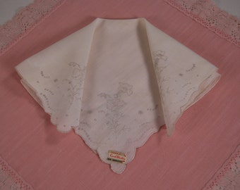 Vintage White Embroidered Wedding Handkerchief, Carol Stanley,  NOS with Tag 1601