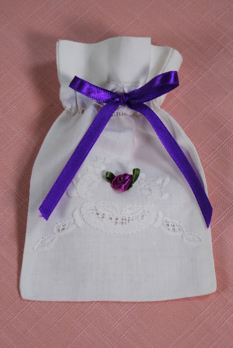 Vintage White Fabric Gift Bag, Battenburg Lace, Purple Ribbon Rose ...