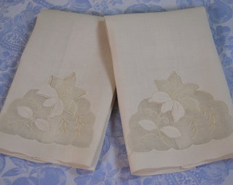 Vintage Appliqued and Embroidered Guest Towels, Set of Two, Pale Gray Linen