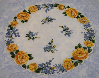 Vintage Round Handkerchief with Yellow Roses