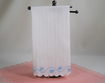 Vintage Embroidered White Textured Linen Hand Towel, Blue Embroidery