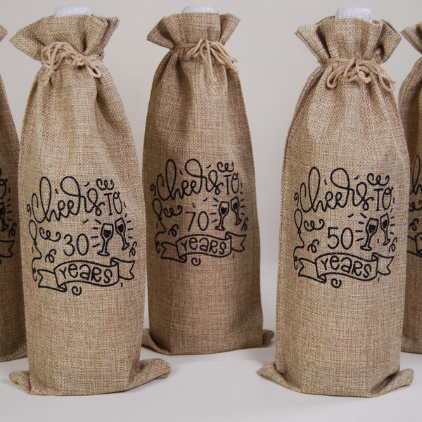 Milestone Birthday or Milestone Anniversary Handmade Burlap Wine Gift Bag, Five Different Variations, Reusable Gift Bag