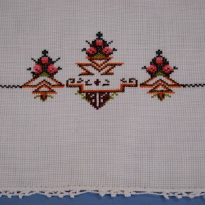 Vintage White Cross Stitched Table Topper or Dresser Scarf with Tatted Border