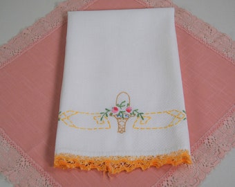 Vintage White Embroidered Linen Hand Towel for Kitchen or Bath, Flower Basket Design