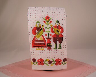 Vintage Folk Art Print Linen Hand Towel