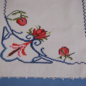 Vintage White Cross Stitched Table Topper or Dresser Scarf with Tatted Border