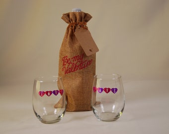 Handgemaakte Be My Valentine Wine Gift Bag en Steelless Wine Glasses, Set van Twee, Herbruikbare Gift Bag