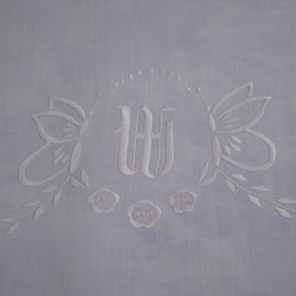 vintage Monogram W White Linen Buffet Cloth, Tissu de buffet, Tissu de manteau, Foulard de commode