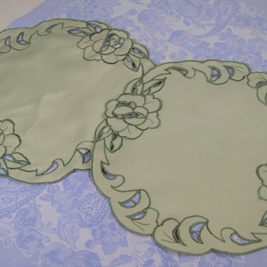 Vintage Green Round Embroidered Doily with Cutwork, Two Available