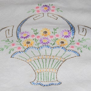 Vintage White Linen Embroidered Tablecloth, Classic Flower Basket Design