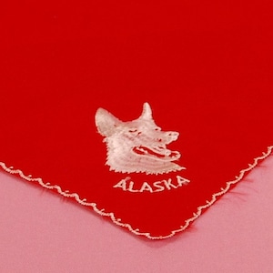 Vintage Alaska Souvenir Handkerchief, Bright Red, NOS