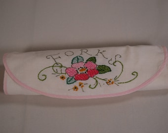 Vintage Hand Embroidered Linen Forks Case, c. 1940s