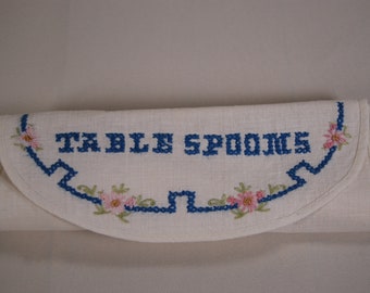 Vintage Hand Embroidered Linen Tablespoons Case, c. 1940s