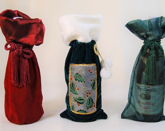 Christmas Wine Gift Bags, Three Different Designs, Reusable Gift Bag