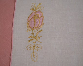 Vintage White Linen Dresser Scarf, Table Topper, Tray Cover, Doily, Pink Appliqued Satin Rosebud