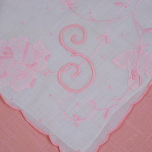 Vintage Embroidered and Appliqued Monogram S Handkerchief, Madeira, Pink on White