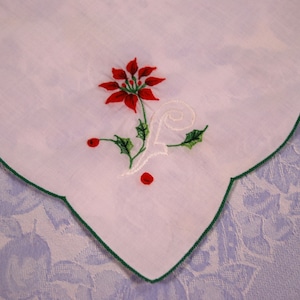 Vintage Embroidered Christmas Napkins, Poinsettia Design, Set of Two