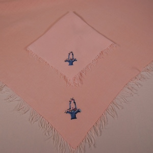 Vintage Embroidered Irish Linen Square Pink Tablecloth
