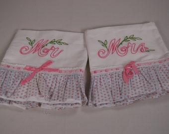 Vintage Hand Embroidered Pillowcases, Set of Two, Mr. and Mrs.