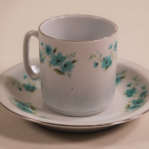 Vintage White Demitasse Tea or Espresso Cup and Saucer Set, Blue Forget-Me-Nots, Silver Trim