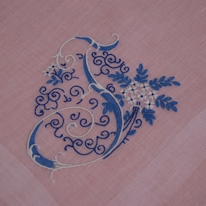 Vintage Embroidered Monogram T Handkerchief, Blue on White