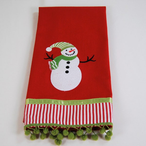 Vintage Christmas Snowman Kitchen Tea Towel, Dark Red