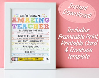 Puede incluir: Tarjeta imprimible e impresión enmarcable con un diseño colorido que dice "Gracias por ser mi... Increíble Maestro". El texto incluye una lista de razones por las que el maestro es increíble. La tarjeta es perfecta para un regalo de agradecimiento para un maestro.