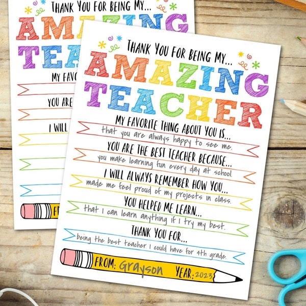 Teacher Appreciation Printable Personalized Teacher Gift Thank You Teacher Gifts Letter Template Instant Printable Download End of Year Gift