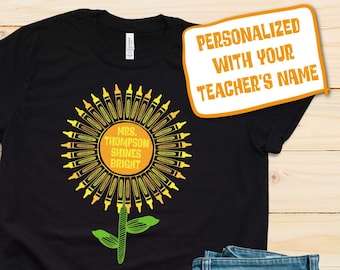 Customized Teacher's Name Shine Bright T-Shirt, Personalized Kindergarten Elementary Pre-School Teacher Gift, Sunflower Artsy Teacher Shirt