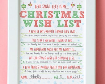 Può includere: Un elenco di desideri di Natale stampabile incorniciato di bianco con testo rosso e verde. L'elenco include alcune delle sue cose preferite, per cosa la persona è grata, desideri di Natale per la famiglia e qualcun altro, e alcune cose che vorrebbe davvero per Natale. Il nome Shelby, l'età 8 e l'anno 2023 sono inclusi in basso.