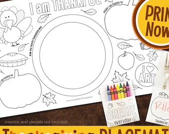 Utskrivbar bordstablett för Thanksgiving, målarbok för barn, Friendsgiving, höstaktivitet för söndagsskolepyssel, rolig målarbok för Thanksgiving