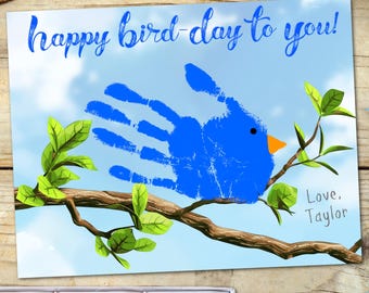 Arte delle impronte delle mani di buon compleanno, arte delle impronte delle mani di uccellini di compleanno, lavoretto fai da te con le impronte delle mani di compleanno per mamma, papà, nonna, nonna, regalo di compleanno per bambini