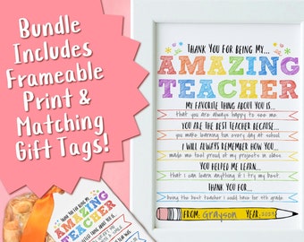 Puede incluir: Un cartel enmarcado imprimible con el texto "Gracias por ser mi... Increíble profesor" y un diseño de arcoíris. El cartel también incluye el texto "Lo que más me gusta de ti es... que siempre estás feliz de verme. Eres el mejor profesor porque... haces que aprender sea divertido todos los días en la escuela. Siempre recordaré cómo tú... me hiciste sentir orgulloso de mis proyectos en clase. Me ayudaste a aprender... que puedo aprender cualquier cosa si lo intento con todas mis fuerzas. Gracias por... ser el mejor profesor que pude tener en 4º grado. De: Grayson Año: 2023". La imagen también incluye una etiqueta de regalo a juego con el texto "Gracias por ser mi... Increíble profesor. Lo más dulce de ti es... cómo me saludas todos los días con una sonrisa. Mi día favorito de este año fue... nuestra excursión al zoológico. Me encantaron los animales."
