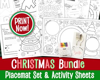 May include: A printable Christmas bundle featuring a placemat with a snowman, gingerbread man, and a Christmas tree, along with activity sheets for creating an elf hat, a reindeer ornament, and a holiday maze. The text "PRINT NOW!" is in a red circle.