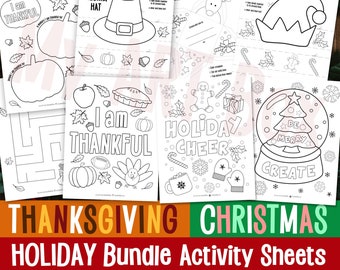 May include: Black and white printable activity sheets for Thanksgiving and Christmas. The sheets include coloring pages, mazes, and other activities. The text on the sheets includes "I am thankful", "Holiday Cheer", and "Create an Elf Hat".